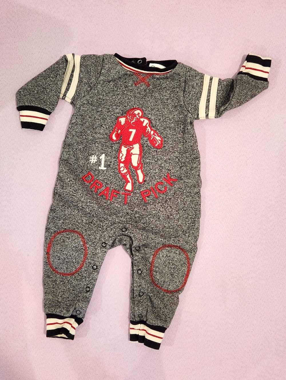 Baby Boy 12m Embroidered #1 Draft Pick Football Gray Cotton Sweater Romper